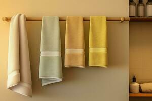 unadorned towel rack holding neatly folded plush towels Generative AI photo