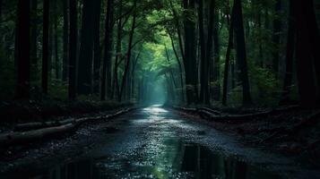 Road in dark forest photo