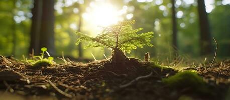 Young tree emerging from old tree stump with sunshine photo