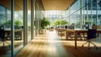 Interior of a modern office building with glass walls and a meeting room photo