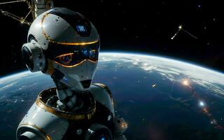 AI generated AI Robotics Odyssey Exploring the Cosmos on a Satellite Ship ai generated photo