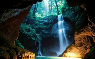 AI generated Subterranean Cave Waterfall's Hidden Beauty ai generated photo