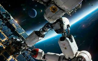 AI generated AI Robotics Odyssey Exploring the Cosmos on a Satellite Ship ai generated photo