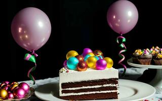 ai generado dulce celebracion vistoso pastel y alegre momentos a un para niños cumpleaños fiesta ai generado foto