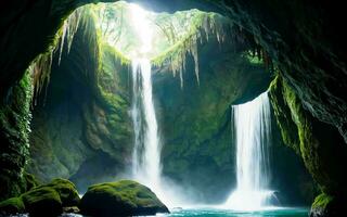 AI generated Subterranean Cave Waterfall's Hidden Beauty ai generated photo