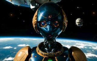 AI generated AI Robotics Odyssey Exploring the Cosmos on a Satellite Ship ai generated photo