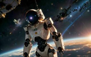 AI generated AI Robotics Odyssey Exploring the Cosmos on a Satellite Ship ai generated photo