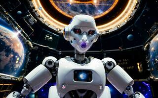 AI generated AI Robotics Odyssey Exploring the Cosmos on a Satellite Ship ai generated photo