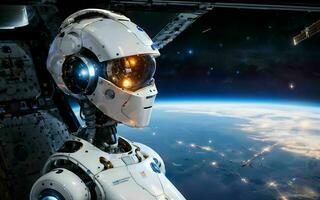 AI generated AI Robotics Odyssey Exploring the Cosmos on a Satellite Ship ai generated photo