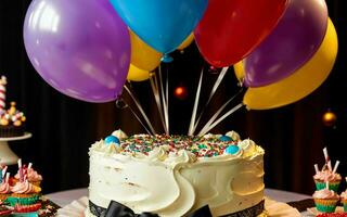 ai generado dulce celebracion vistoso pastel y alegre momentos a un para niños cumpleaños fiesta ai generado foto
