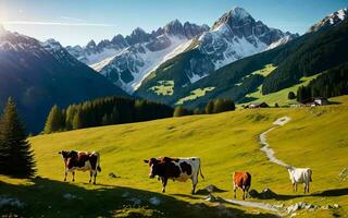 AI generated Austrian Alpine Splendor Idyllic Grazing in Tirol's Meadow ai generated photo