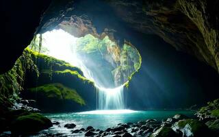 ai generado subterráneo cueva cascada oculto belleza ai generado foto