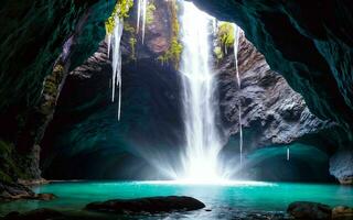 AI generated Subterranean Cave Waterfall's Hidden Beauty ai generated photo