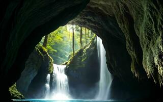 AI generated Subterranean Cave Waterfall's Hidden Beauty ai generated photo