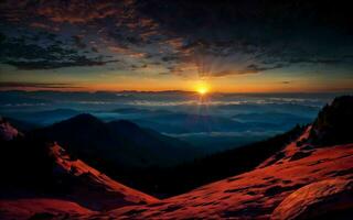 ai generado crepúsculo abrazo un sinfonía de colores terminado majestuoso montaña picos ai generado foto