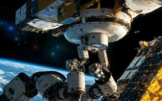 AI generated AI Robotics Odyssey Exploring the Cosmos on a Satellite Ship ai generated photo