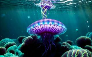 AI generated Illuminated Depths A Fantastical Journey into the Glowing Realms of Underwater Fantasy ai generated photo