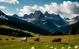 AI generated Austrian Alpine Splendor Idyllic Grazing in Tirol's Meadow ai generated photo