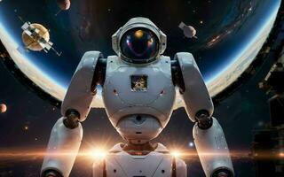 AI generated AI Robotics Odyssey Exploring the Cosmos on a Satellite Ship ai generated photo