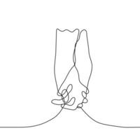 hands of two people are intertwined with fingers - one line drawing vector. concept touch of loving close people, skinship vector