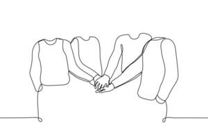 group of people put their hands together - one line drawing vector. concept of team building, association, creation of a unit vector
