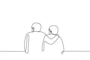 two men stand side by side and one put his hand on the other - one line drawing vector. concept male hug, friendship, love, brotherhood, skinship vector