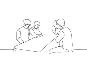 company of sad and confused men in suits sitting at table in silence - one line drawing vector. concept of failed business project, team failure, desperate crisis situation vector