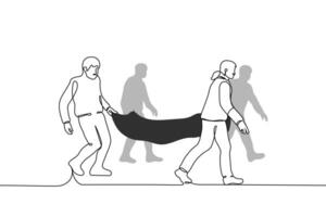 four carry a dead body in a black body bag - one line drawing vector. the concept of transportation of dead people, reburial, cemetery, nameless corpse, unidentified dead person vector