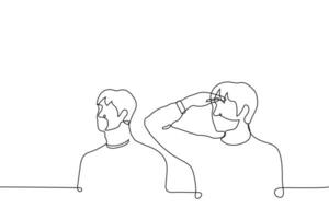 couple of friends look into the distance in one direction - one line drawing vector. men look beyond the horizon, one of them covers his eyes with his palm like visor, making shadow vector