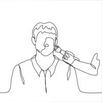 man in a shirt sits while he is being made up or makeup. One continuous line art man in a beauty salon, in a dressing room, backstage, preparing for photography or video filming. vector