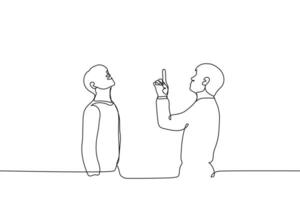 two men stand one pointing a finger to the sky and both look there - one line drawing vector. concept of diverting attention, looking at a bird or an airplane vector