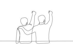 hombres estar levantamiento su puño uno de ellos poner su gratis mano en amigos hombro - uno línea dibujo vector. concepto militante espíritu o triunfo, llamada a votar, lucha para gay derechos vector