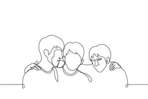 Tres masculino amigos abrazando por el espalda - uno línea dibujo vector. masculino amistad concepto, skinship vector