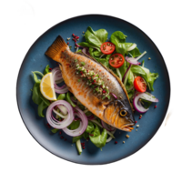 AI generated grilled fish with vegetable salad, onion and sumac sprinkle isolated on transparent background png