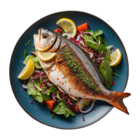AI generated grilled fish with vegetable salad, onion and sumac sprinkle isolated on transparent background png