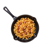 ai generado comida frito macarrones y salchicha en un fritura pan aislado en transparente antecedentes png