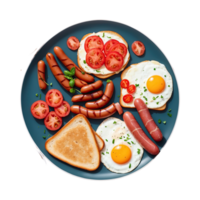 ai gerado Inglês café da manhã. frito ovos, salsichas, bacon, feijões, Torradas, tomates isolado em transparente fundo png