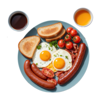 ai genererad engelsk frukost. friterad ägg, korvar, bacon, bönor, skålar, tomater isolerat på transparent bakgrund png