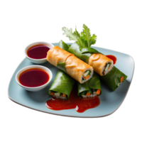 AI generated fried vegetable rolls with plum sauce isolated on transparent background png