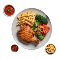 AI generated Chicken chop and french fries accompanied by vegetables isolated on transparent background png