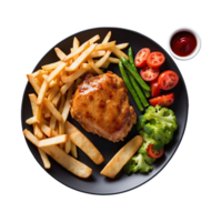 AI generated Chicken chop and french fries accompanied by vegetables isolated on transparent background png