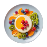 AI generated milk pudding with various fruits and syrups served on a plate isolated on transparent background png