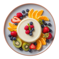 ai gegenereerd melk pudding met divers fruit en siropen geserveerd Aan een bord geïsoleerd Aan transparant achtergrond png