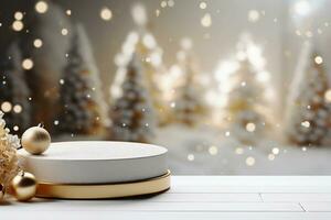 AI generated 3d rendered white and snowy Podium display for merry Christmas event photo