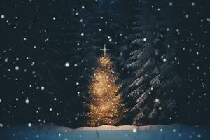 AI generated illuminated pine christmas tree snowy forest night photo