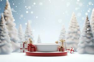 AI generated 3d rendered white and snowy Podium display for merry Christmas event photo
