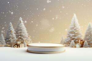 AI generated merry Christmas 3d rendered red Podium display for event photo