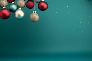 AI generated christmas holidays composition of fir tree branches with baubles and copy space photo