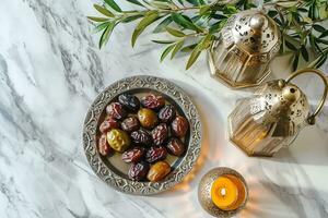 AI generated top view Ramadan Kareem mockup. Bronze plate with dates fruit, olive branches, glowing white marble table. photo