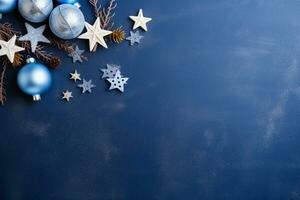 AI generated Top view of Christmas background on blue background with copy space photo